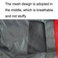 Breathable mesh section on gray pet protection bag with red side panel