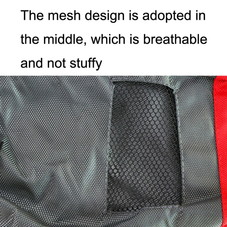 Breathable mesh section on gray pet protection bag with red side panel