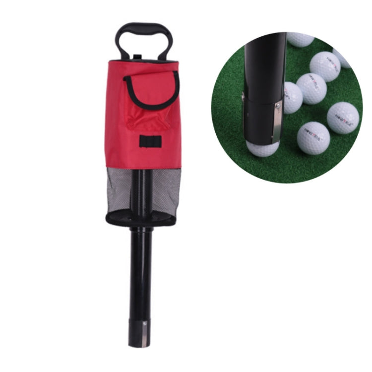 Red and black golf ball picker with mesh bag and standing pole