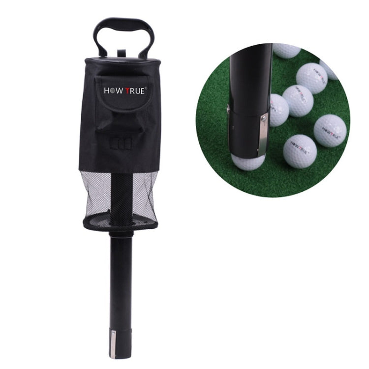 Black golf ball picker with mesh bag and upright ball-holder tube