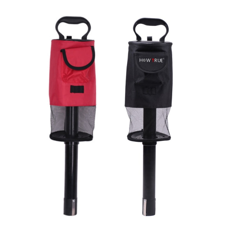 Red and black golf ball pickers with mesh bags and upright handles
