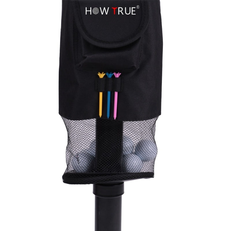 Black golf ball picker bag with mesh lower pouch and colorful tee holders