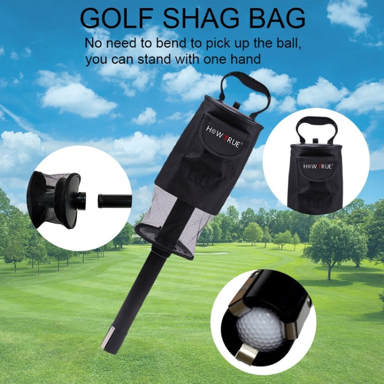 Black standing golf ball picker with mesh bag and upright base