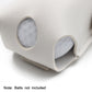 Close-up of light gray leather mini golf protective bag with oval ball-opening and stitched edge