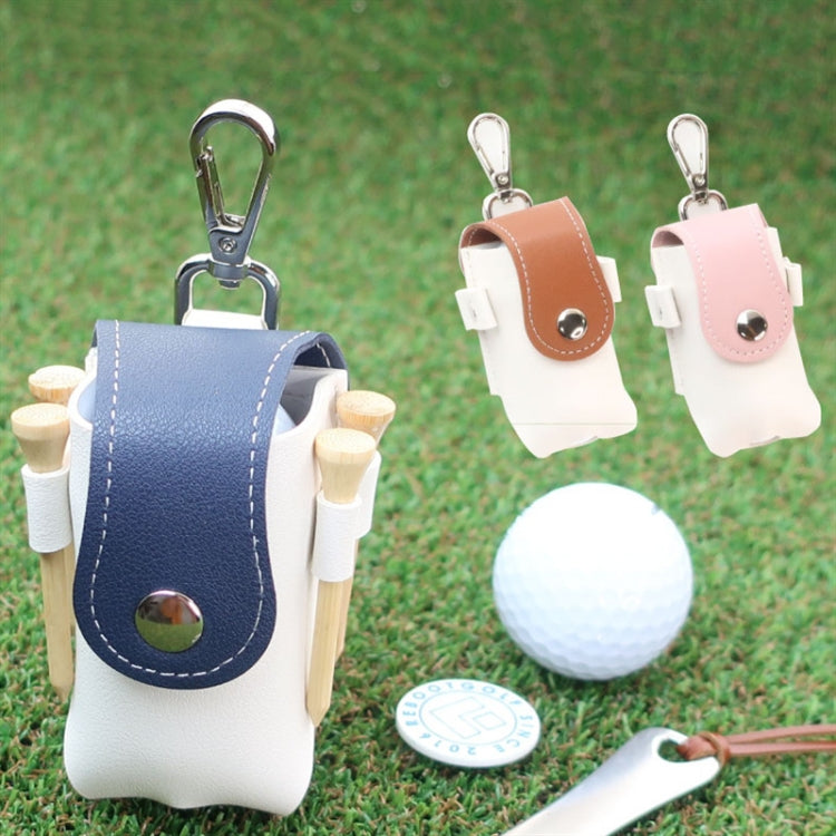 Leather mini golf protective bags with carabiners in navy, tan, and pink, shown with accessories