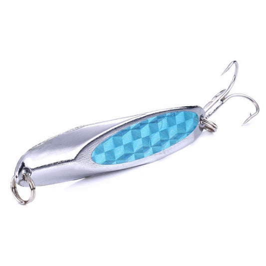Silver fishing lure with blue textured oval sequin body and two treble hooks