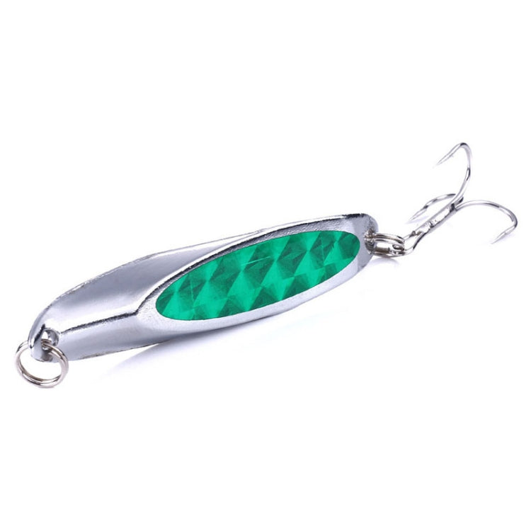 Silver fishing lure with green textured oval sequin body and two treble hooks