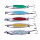 Set of four silver fishing lures with colored oval sequin bodies and treble hooks