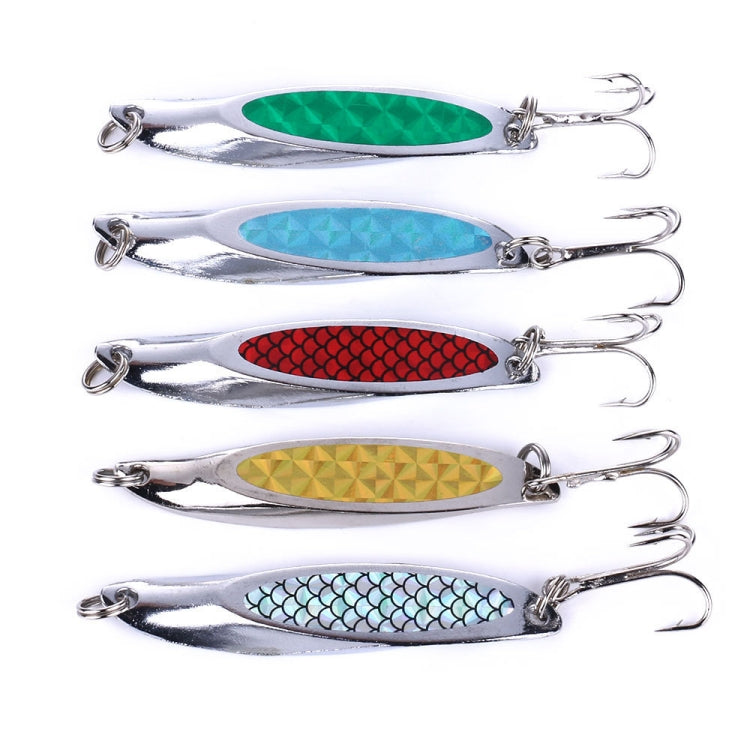 Set of four silver fishing lures with colored oval sequin bodies and treble hooks