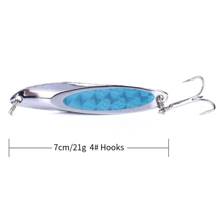 Silver fishing lure with blue oval sequin body and two treble hooks
