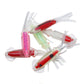 Assorted octopus-style fishing lures with white tentacles, red, green, pink, and white