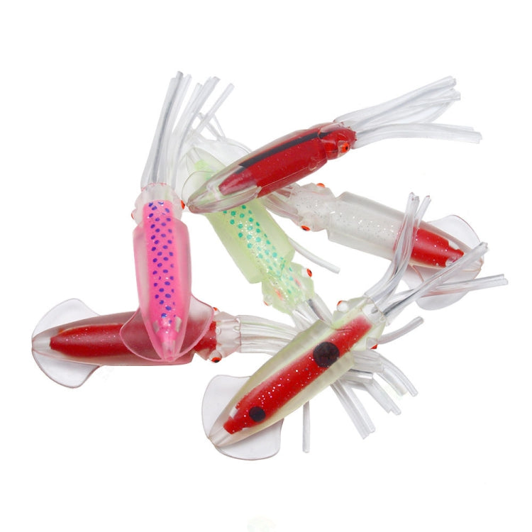 Assorted octopus-style fishing lures with white tentacles, red, green, pink, and white