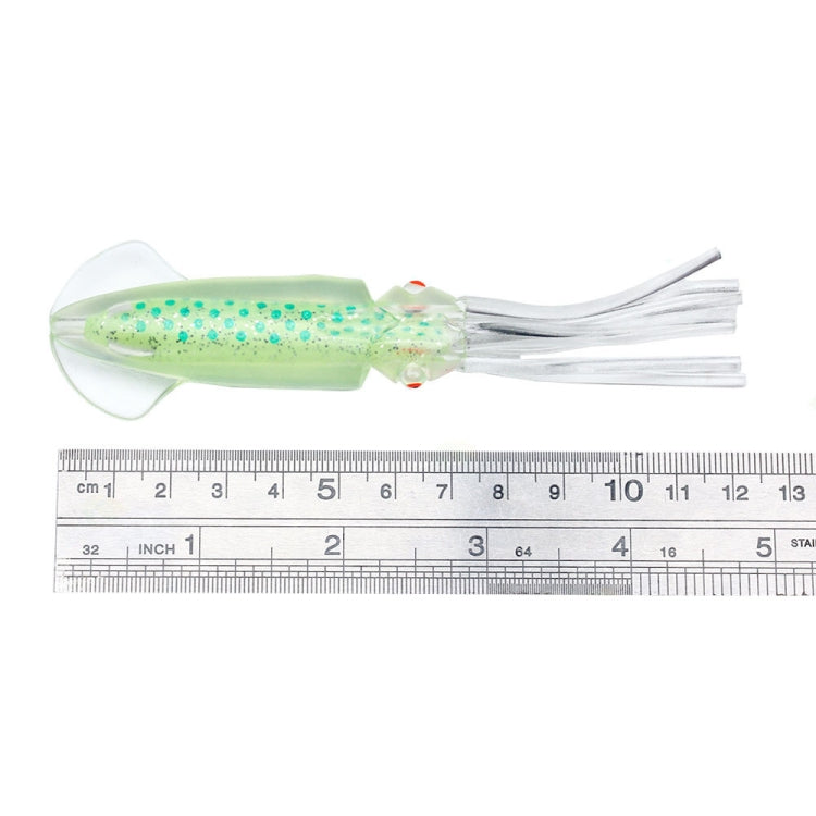 Light green translucent octopus-style fishing lure with glitter dots and white tentacles