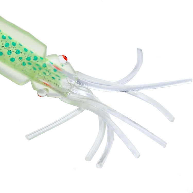 Close-up of light green glitter octopus-style fishing lure with clear white tentacles