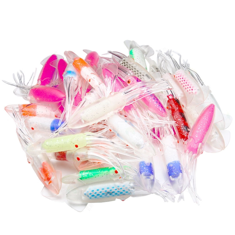 Assorted colorful octopus-style fishing lures with glitter bodies and white tentacles
