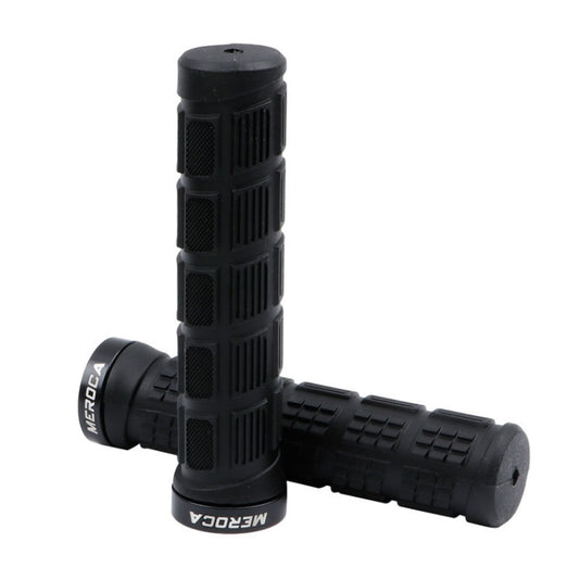 Black mountain bike handlebar grips with anti-slip ridged shock-absorbing texture