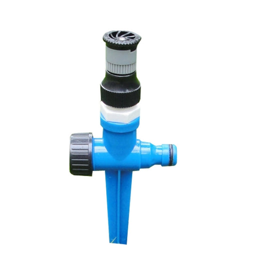 Blue adjustable lawn sprinkler with black multi-direction head and silver side knob
