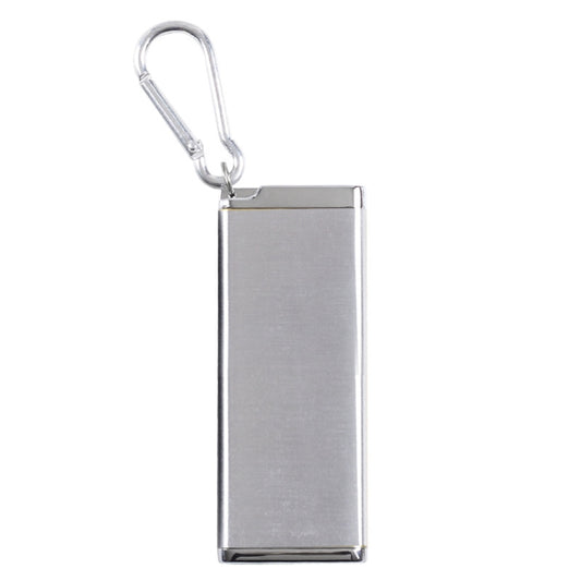 Silver portable cigarette case with hinged lid and carabiner-style keyring