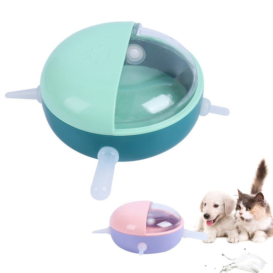 Multi-mouth pet milk bowl with teal body and translucent inner cup, side feeding spouts