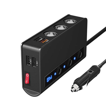 Black 3-socket car cigarette lighter adapter with independent switches and LED display