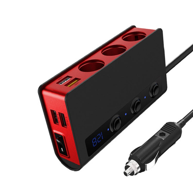 Black and red 3-socket car cigarette lighter adapter with independent switches and LED display