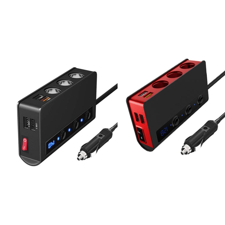 Car cigarette lighter adapter set: black and black-red 3-socket chargers with plug