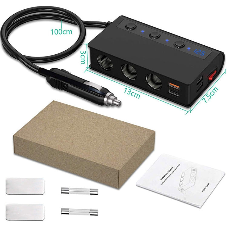 Black car cigarette lighter adapter with 3 sockets, long cord, and included connectors
