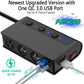 Black 3-socket car charger with QC 3.0 USB ports, blue indicator lights, and switch
