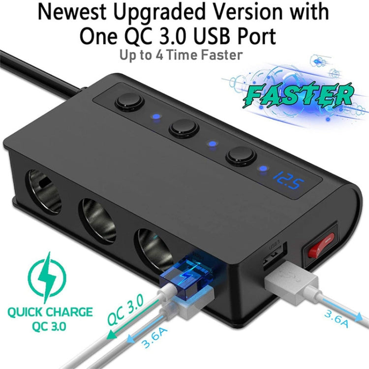 Black 3-socket car charger with QC 3.0 USB ports, blue indicator lights, and switch