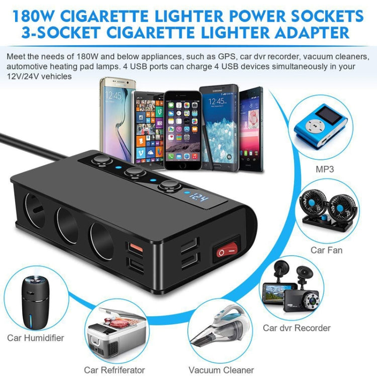 Black 3-socket cigarette lighter power adapter with USB ports and red rocker switch