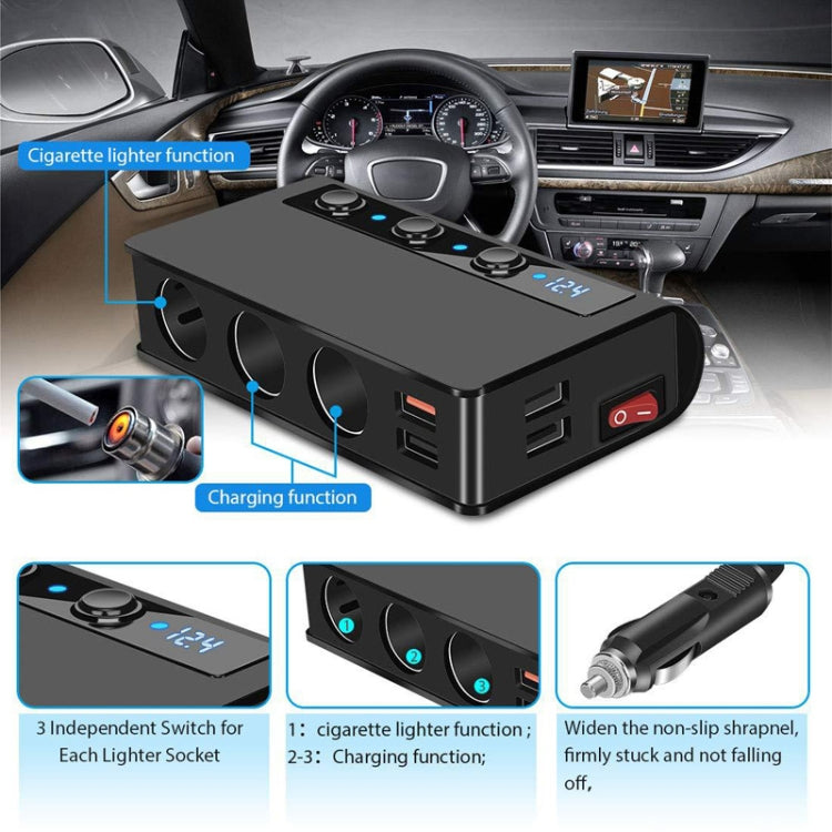Black 3-socket car adapter with independent switch, USB ports, and cigarette lighter plug