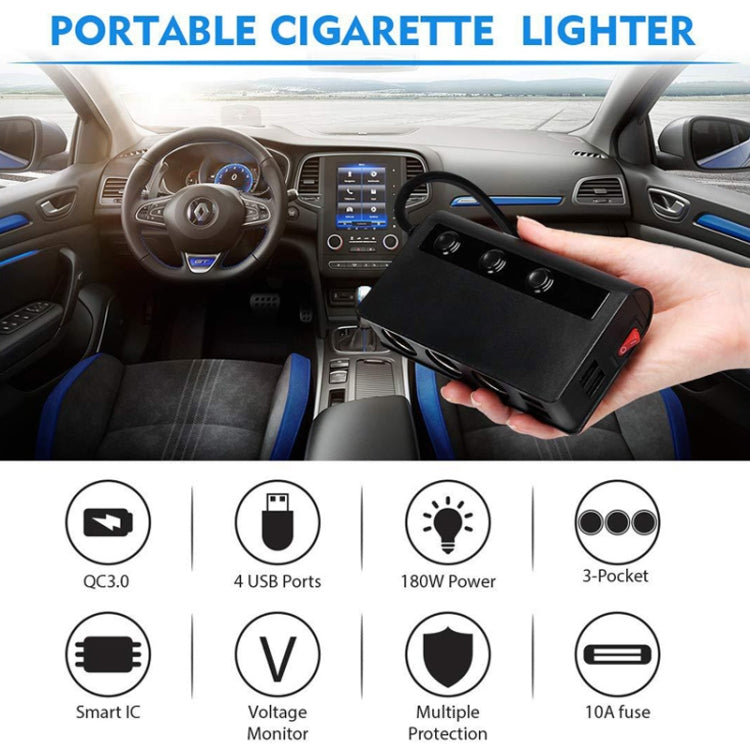 Black portable car cigarette lighter adapter held in hand with multi-port outlets