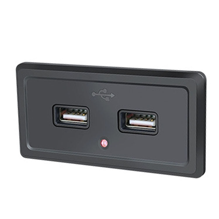 Dual USB car charger panel with two ports and a red indicator light