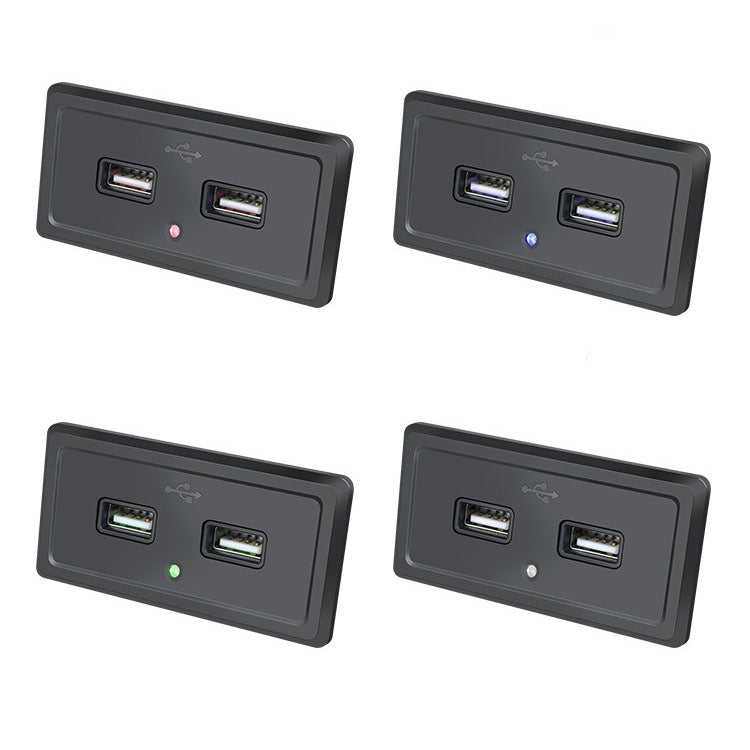 Dual USB car charger panel with red, blue, and green indicator lights