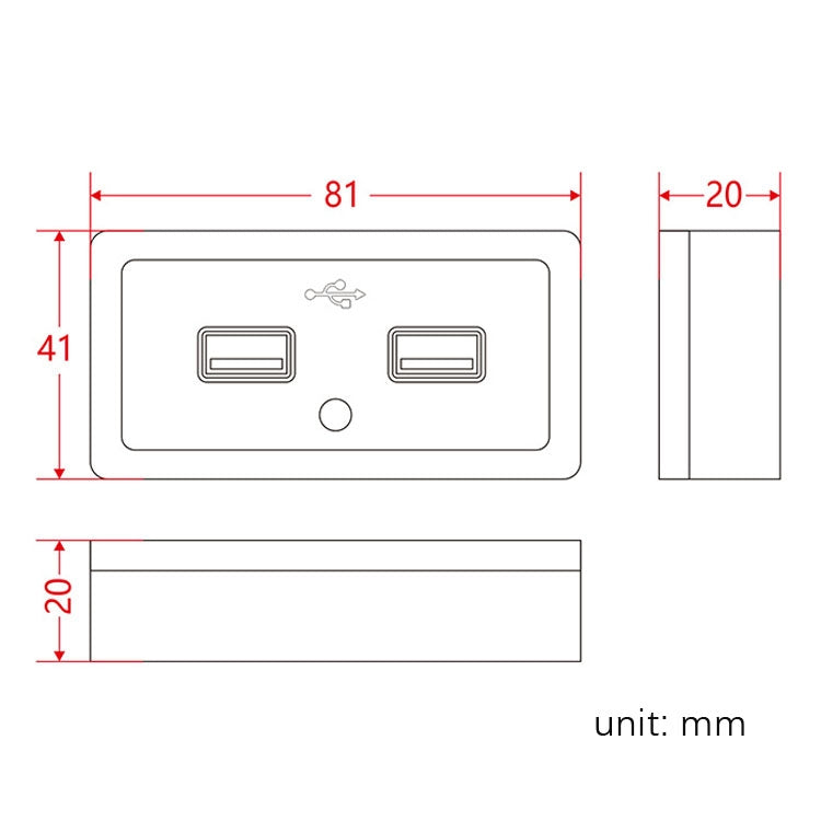 Dual USB car charger panel dimensions diagram with mm measurements