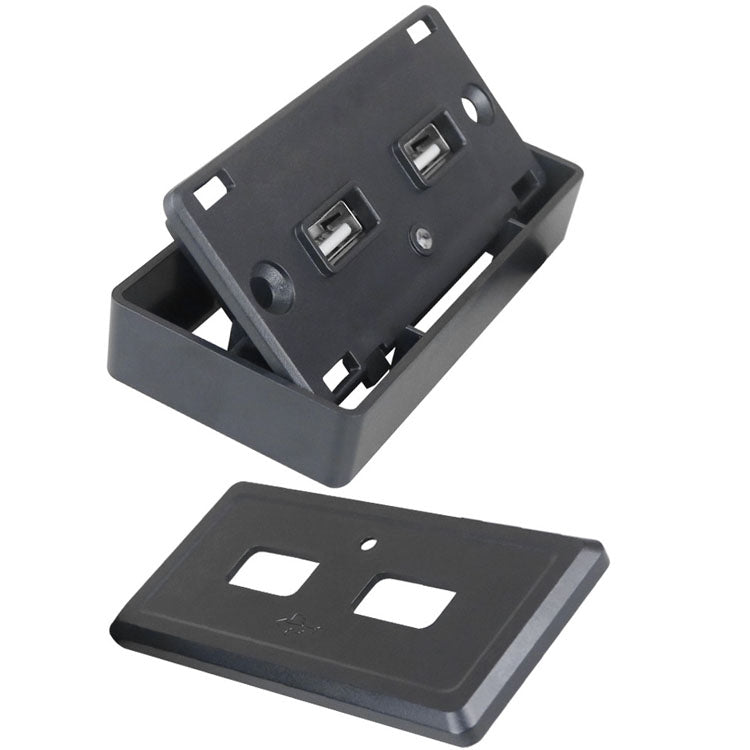 Dual USB car charger panel with mounting base and open back cover