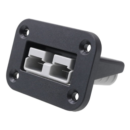 Black dual battery charging connector with mounting flange and two rectangular ports