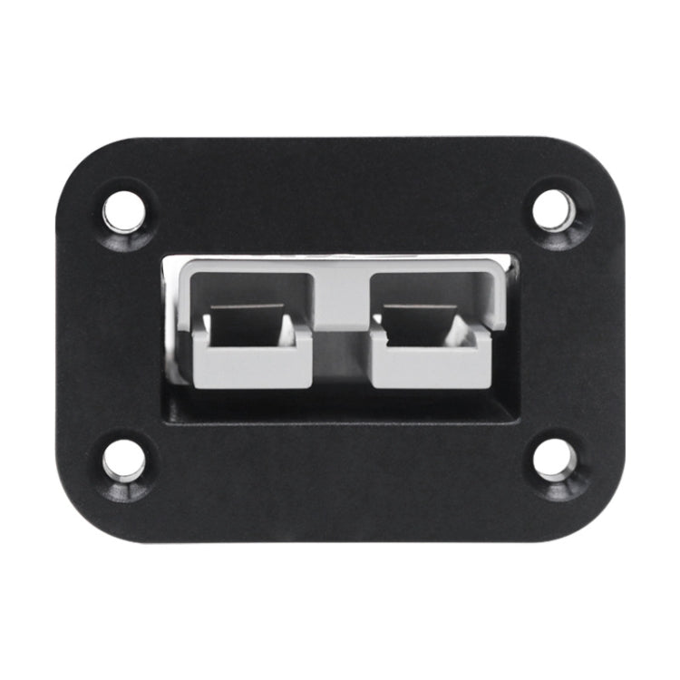 Black connector socket with two silver contact modules and four mounting holes