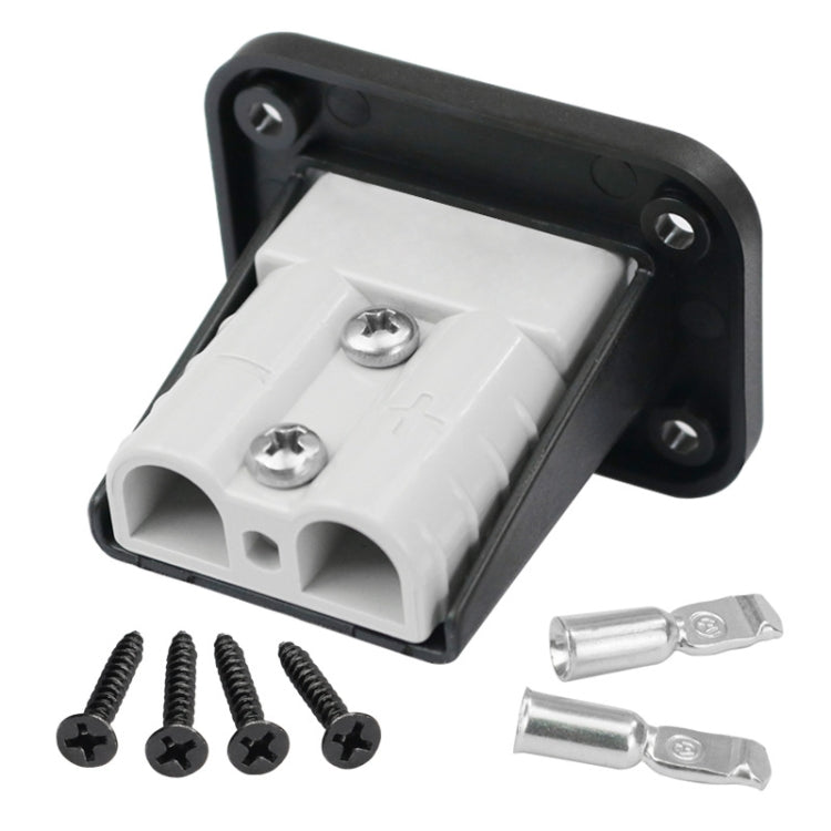 Black connector housing with white dual terminal block and included screw set