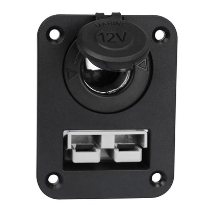 12V marine cigarette lighter panel plug with two mounting holes, black housing