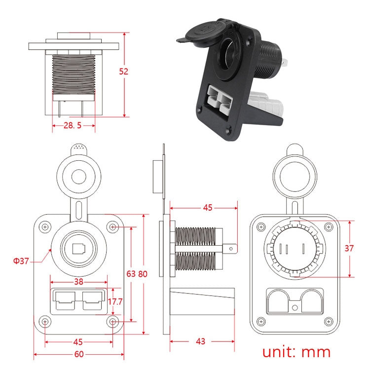 12V marine panel plug dimension diagram with mounting and connector measurements