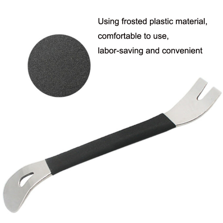Car trim removal tool with black handle and stainless steel pry fork tips