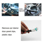Car interior door panel clip removal tool in hand, black handle with metal pry tips