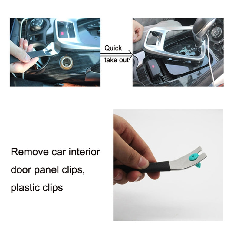 Car interior door panel clip removal tool in hand, black handle with metal pry tips