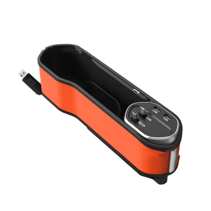 Car seat slot storage box with USB ports and orange-and-black design