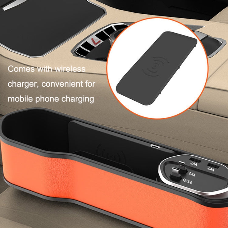 Car seat slot storage box with wireless charging top and USB ports