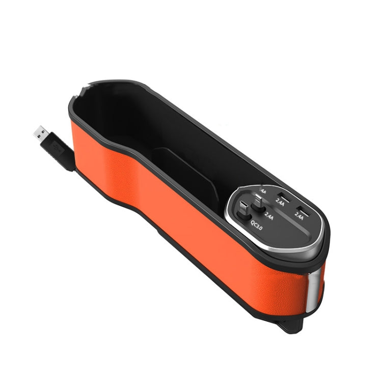 Car seat slot storage box with USB ports and orange center panel