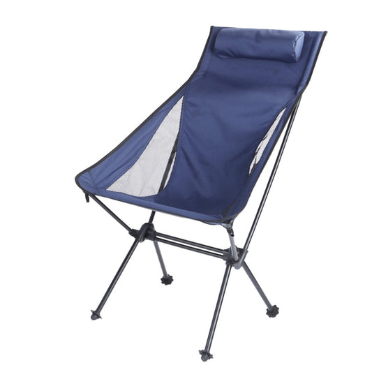 Blue folding beach camping chair with headrest pillow and mesh side panels
