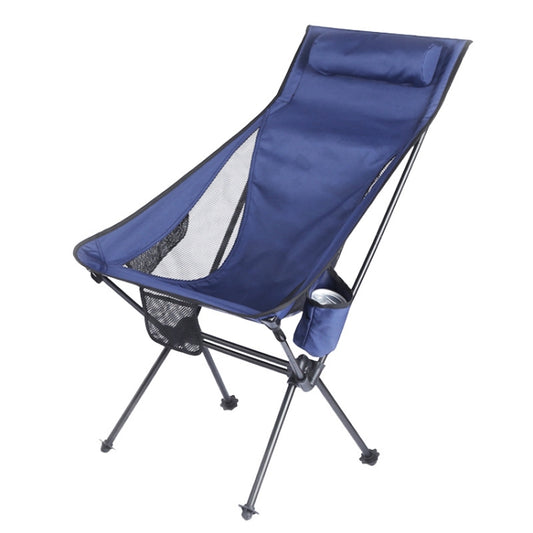 Blue folding beach camping chair with headrest pillow and side storage pocket