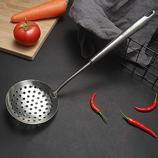 Stainless steel slotted soup ladle with perforated round bowl and long handle